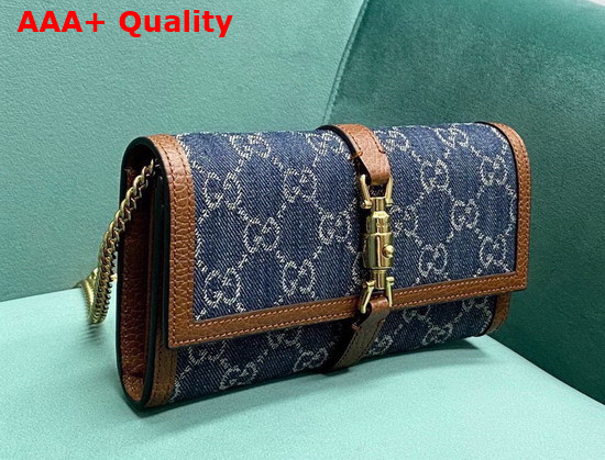 Gucci Jackie 1961 Chain Wallet in Blue GG Jacquard Denim and Brown Leather Trim 652681 Replica