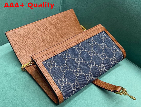 Gucci Jackie 1961 Chain Wallet in Blue GG Jacquard Denim and Brown Leather Trim 652681 Replica