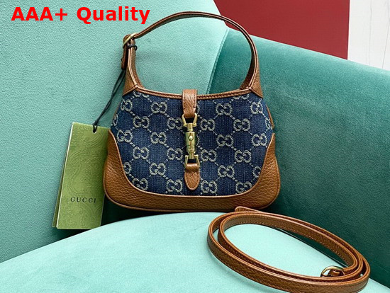 Gucci Jackie 1961 Mini Shoulder Bag in Blue GG Jacquard Denim and Brown Leather 637092 Replica