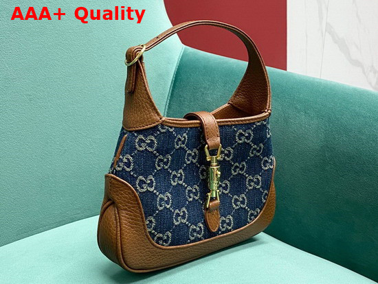 Gucci Jackie 1961 Mini Shoulder Bag in Blue GG Jacquard Denim and Brown Leather 637092 Replica