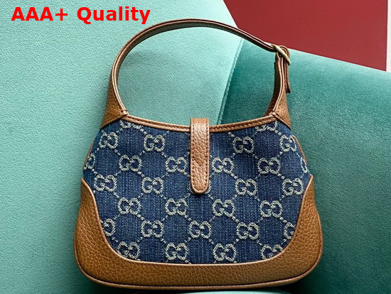 Gucci Jackie 1961 Mini Shoulder Bag in Blue GG Jacquard Denim and Brown Leather 637092 Replica