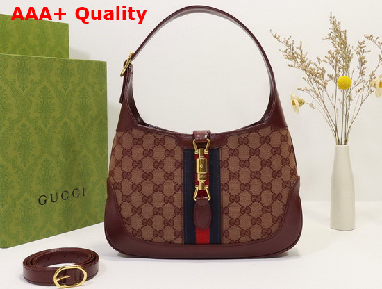 Gucci Jackie 1961 Small Shoulder Bag Beige and Burgundy Original GG Canvas 636706 Replica