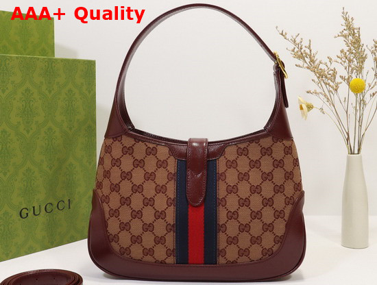 Gucci Jackie 1961 Small Shoulder Bag Beige and Burgundy Original GG Canvas 636706 Replica