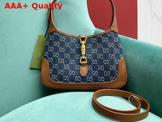 Gucci Jackie 1961 Small Shoulder Bag in Blue GG Jacquard Denim and Brown Leather 636706 Replica