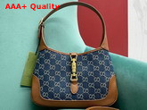 Gucci Jackie 1961 Small Shoulder Bag in Blue GG Jacquard Denim and Brown Leather 636706 Replica