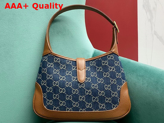 Gucci Jackie 1961 Small Shoulder Bag in Blue GG Jacquard Denim and Brown Leather 636706 Replica