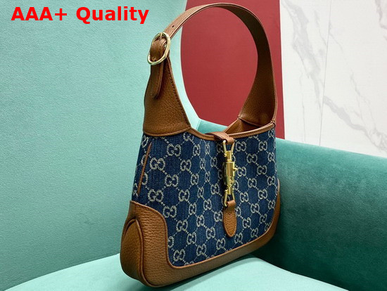 Gucci Jackie 1961 Small Shoulder Bag in Blue GG Jacquard Denim and Brown Leather 636706 Replica