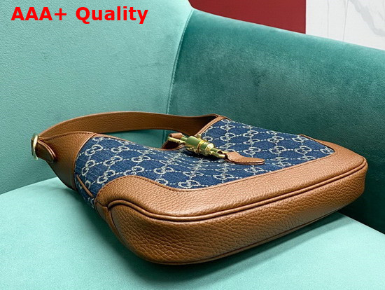 Gucci Jackie 1961 Small Shoulder Bag in Blue GG Jacquard Denim and Brown Leather 636706 Replica