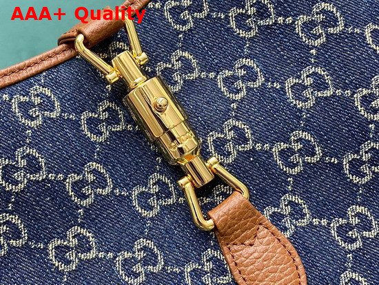 Gucci Jackie 1961 Small Shoulder Bag in Blue GG Jacquard Denim and Brown Leather 636706 Replica