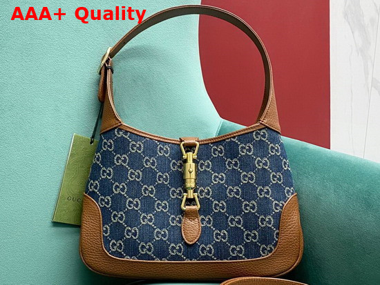 Gucci Jackie 1961 Small Shoulder Bag in Blue GG Jacquard Denim and Brown Leather 636706 Replica