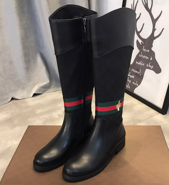 Gucci Knee Boot in Black Leather and GG Canvas and Web