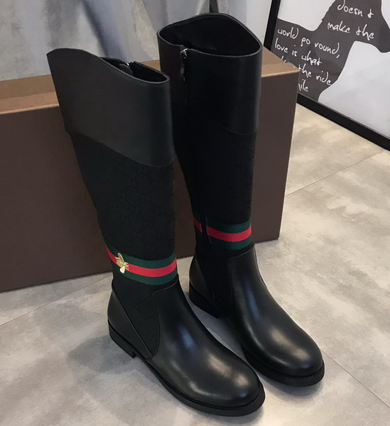 Gucci Knee Boot in Black Leather and GG Canvas and Web