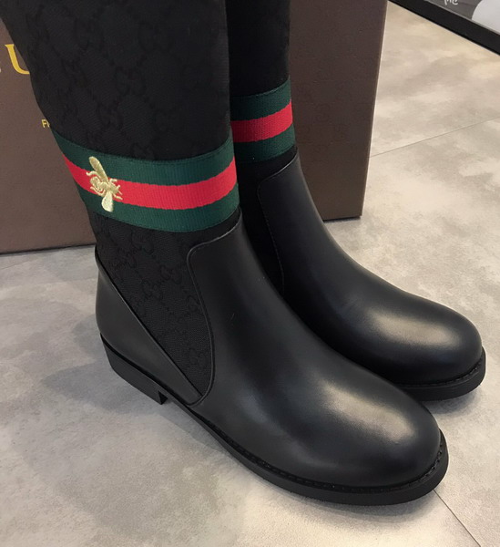 Gucci Knee Boot in Black Leather and GG Canvas and Web