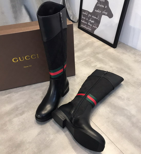 Gucci Knee Boot in Black Leather and GG Canvas and Web