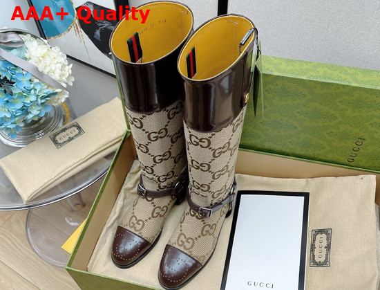 Gucci Knee High Boot with Harness Beige and Ebony Maxi GG Canvas 675658 Replica