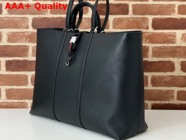 Gucci Large Tote Bag with Web Black Soft Grainy Leather 816753 Replica