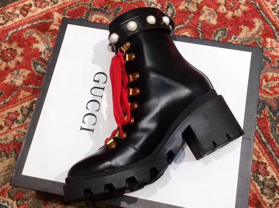 Gucci Leather Ankle Boot in Black with Leather Strap and Pearl Effect Studs 497372