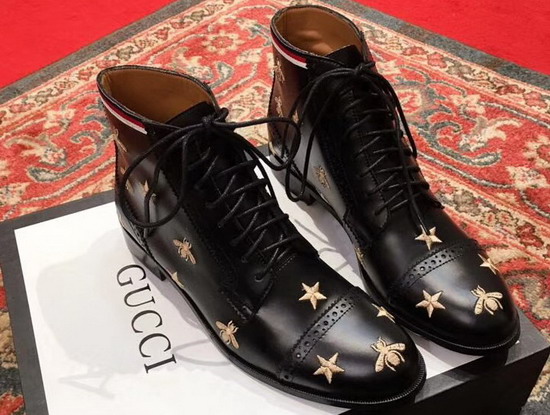 Gucci Leather Ankle Boot with Embroidered Bees Black