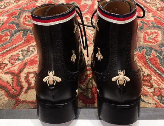 Gucci Leather Ankle Boot with Embroidered Bees Black