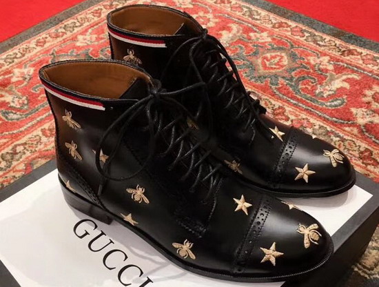 Gucci Leather Ankle Boot with Embroidered Bees Black