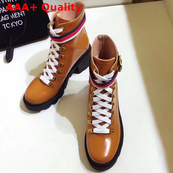 Gucci Leather Ankle Boot with Sylvie Web Brown Leather Replica