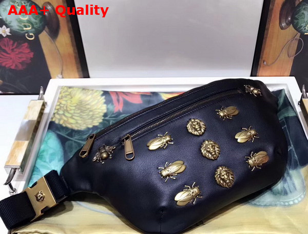 Gucci Leather Belt Bag with Animal Studs Black Calf Leather 484683 Replica