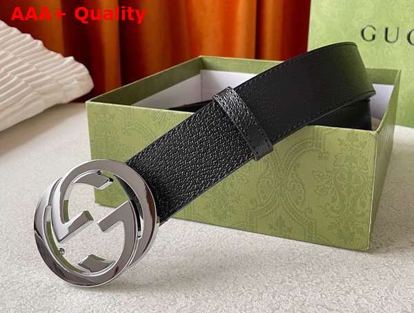 Gucci Leather Belt in Black with Shiny Interlocking G Buckle Replica