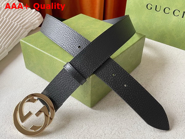 Gucci Leather Belt in Black with Shiny Interlocking G Buckle Replica