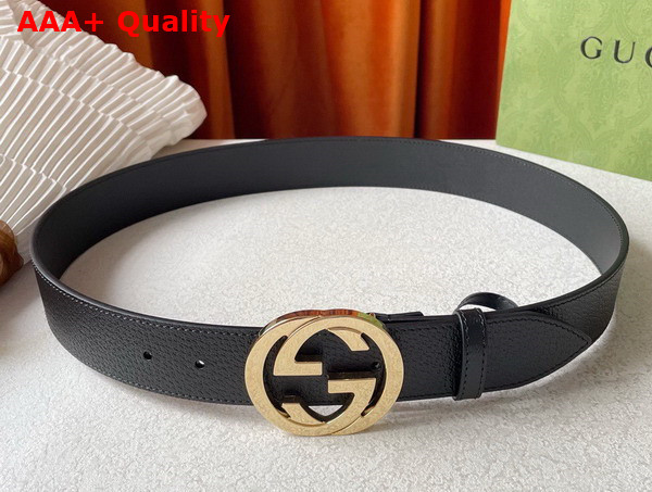 Gucci Leather Belt in Black with Shiny Interlocking G Buckle Replica