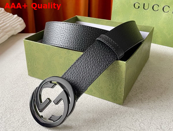 Gucci Leather Belt in Black with Shiny Interlocking G Buckle Replica