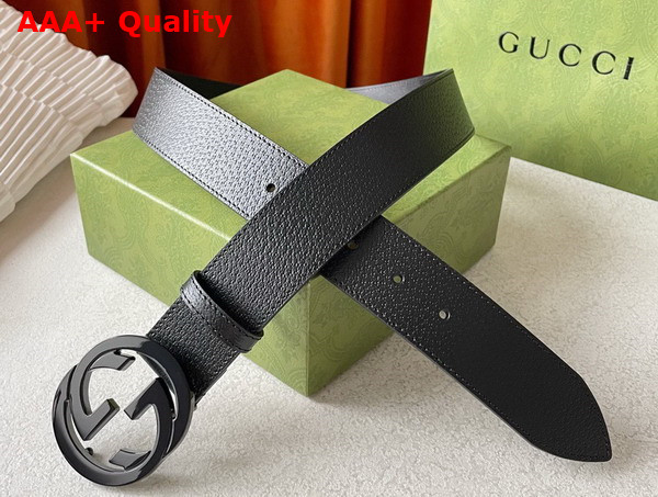 Gucci Leather Belt in Black with Shiny Interlocking G Buckle Replica