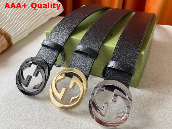 Gucci Leather Belt in Black with Shiny Interlocking G Buckle Replica