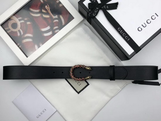 Gucci Leather Belt with Crystal Dionysus Buckle Black Leather 432142