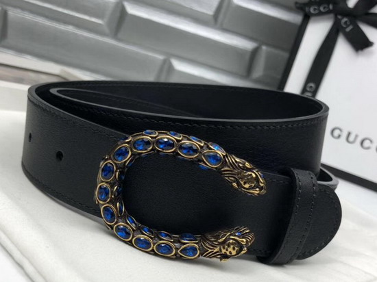 Gucci Leather Belt with Crystal Dionysus Buckle Black Leather 432142