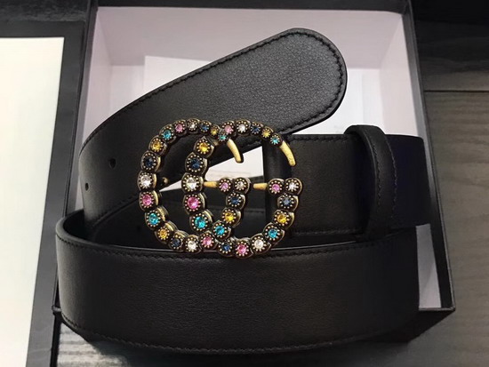 Gucci Leather Belt with Crystal Double G Buckle Black Leather