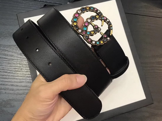 Gucci Leather Belt with Crystal Double G Buckle Black Leather