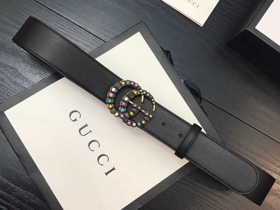 Gucci Leather Belt with Crystal Double G Buckle Black Leather