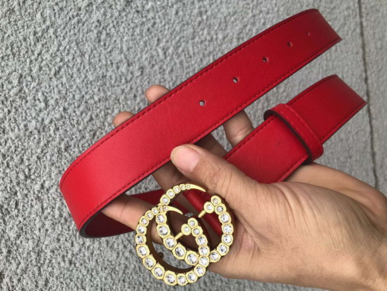 Gucci Leather Belt with Crystal Double G Buckle Red Leather