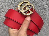 Gucci Leather Belt with Crystal Double G Buckle Red Leather