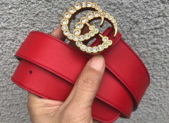 Gucci Leather Belt with Crystal Double G Buckle Red Leather