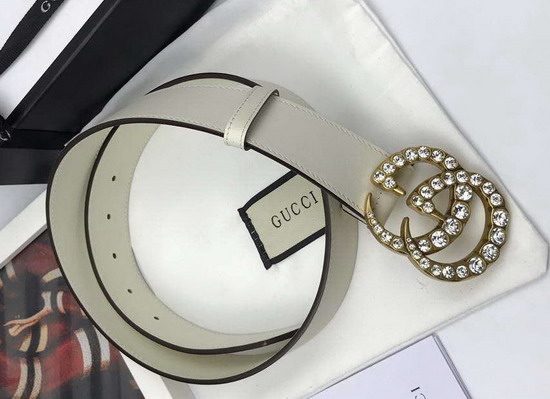 Gucci Leather Belt with Crystal Double G Buckle White Leather