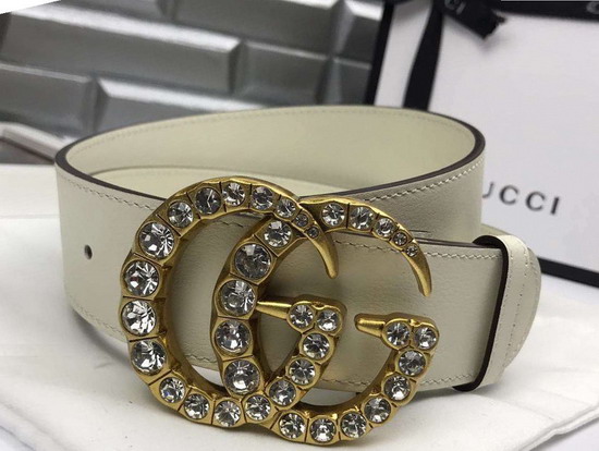 Gucci Leather Belt with Crystal Double G Buckle White Leather