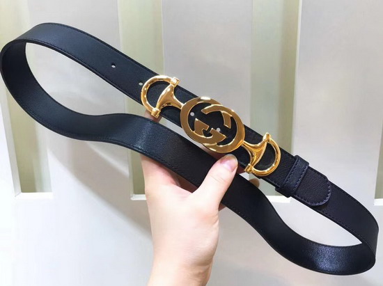 Gucci Leather Belt with Interlocking G Horsebit Buckle Black Leather