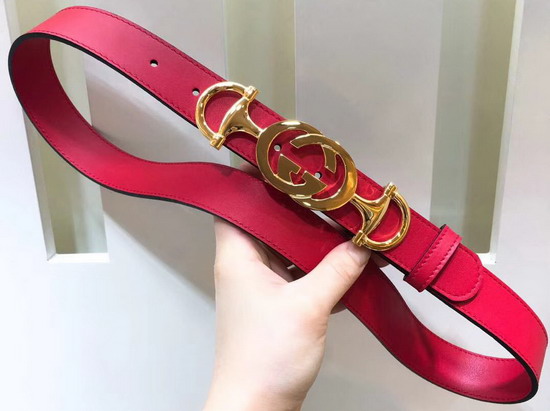 Gucci Leather Belt with Interlocking G Horsebit Buckle Red Leather