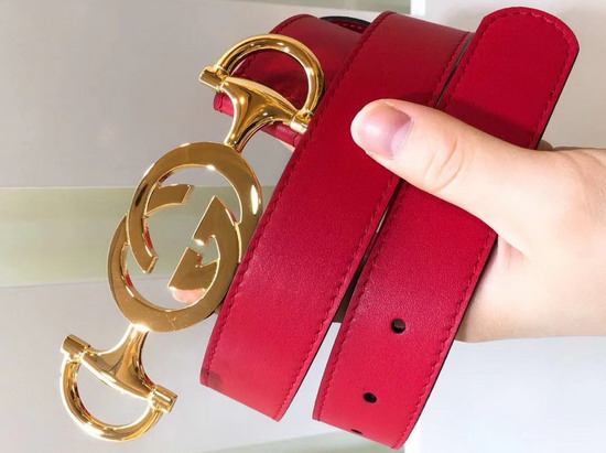 Gucci Leather Belt with Interlocking G Horsebit Buckle Red Leather