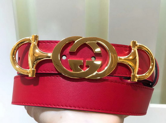 Gucci Leather Belt with Interlocking G Horsebit Buckle Red Leather