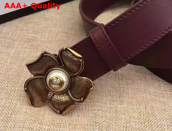 Gucci Leather Belt with Metal Flower Bordeaux Leather Replica