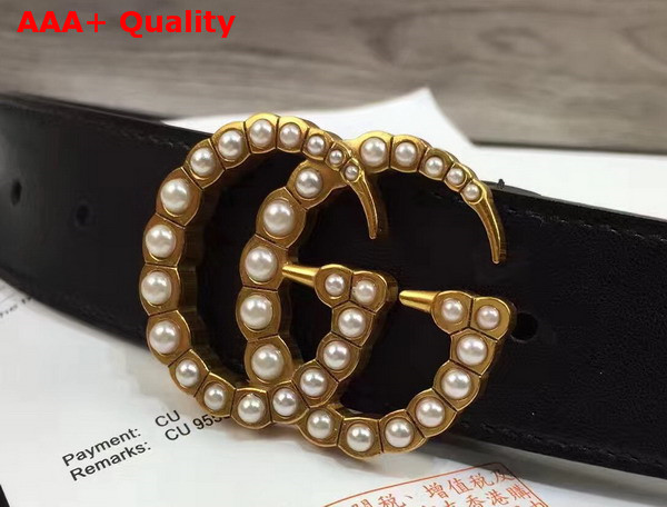 Gucci Leather Belt with Pearl Double G Buckle Black Replica