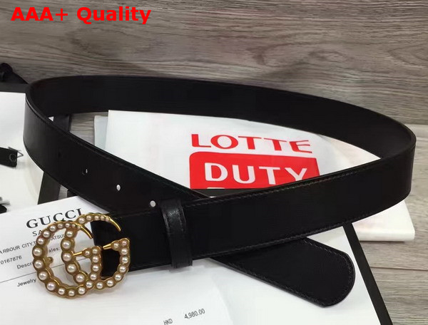 Gucci Leather Belt with Pearl Double G Buckle Black Replica