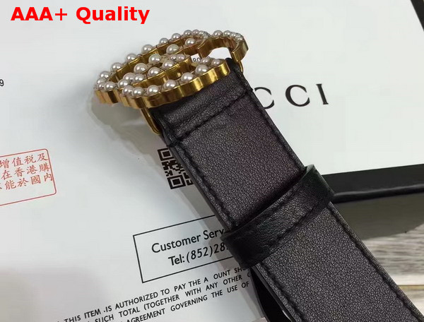 Gucci Leather Belt with Pearl Double G Buckle Black Replica